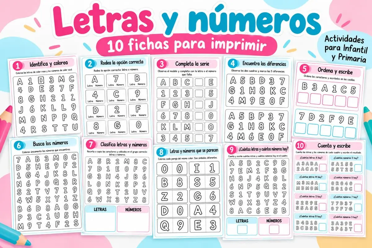 Cuaderno de infantil para imprimir para diferenciar letras y números. Actividades