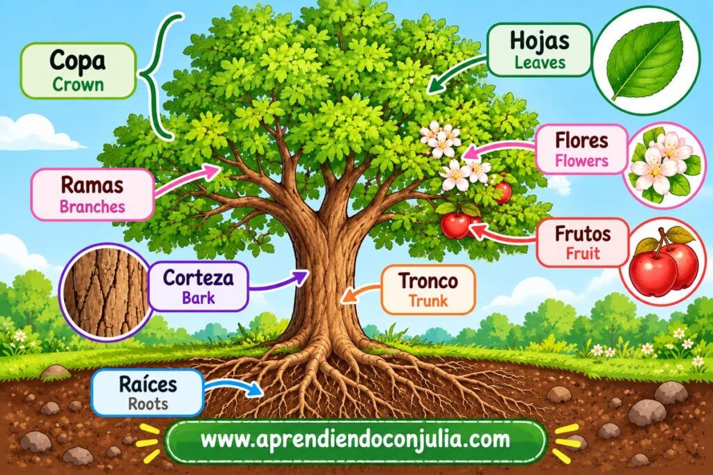 Partes del árbol en español e inglés para niños