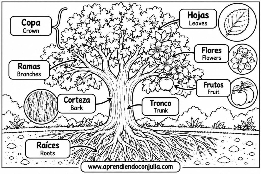 Partes del árbol en español e inglés para niños blanco y negro
