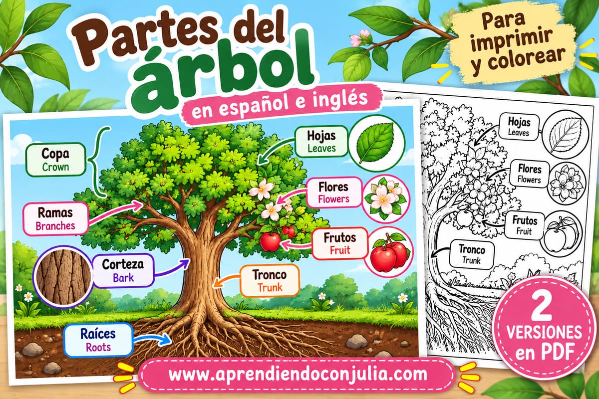 Partes del árbol en español e inglés para niños colorear