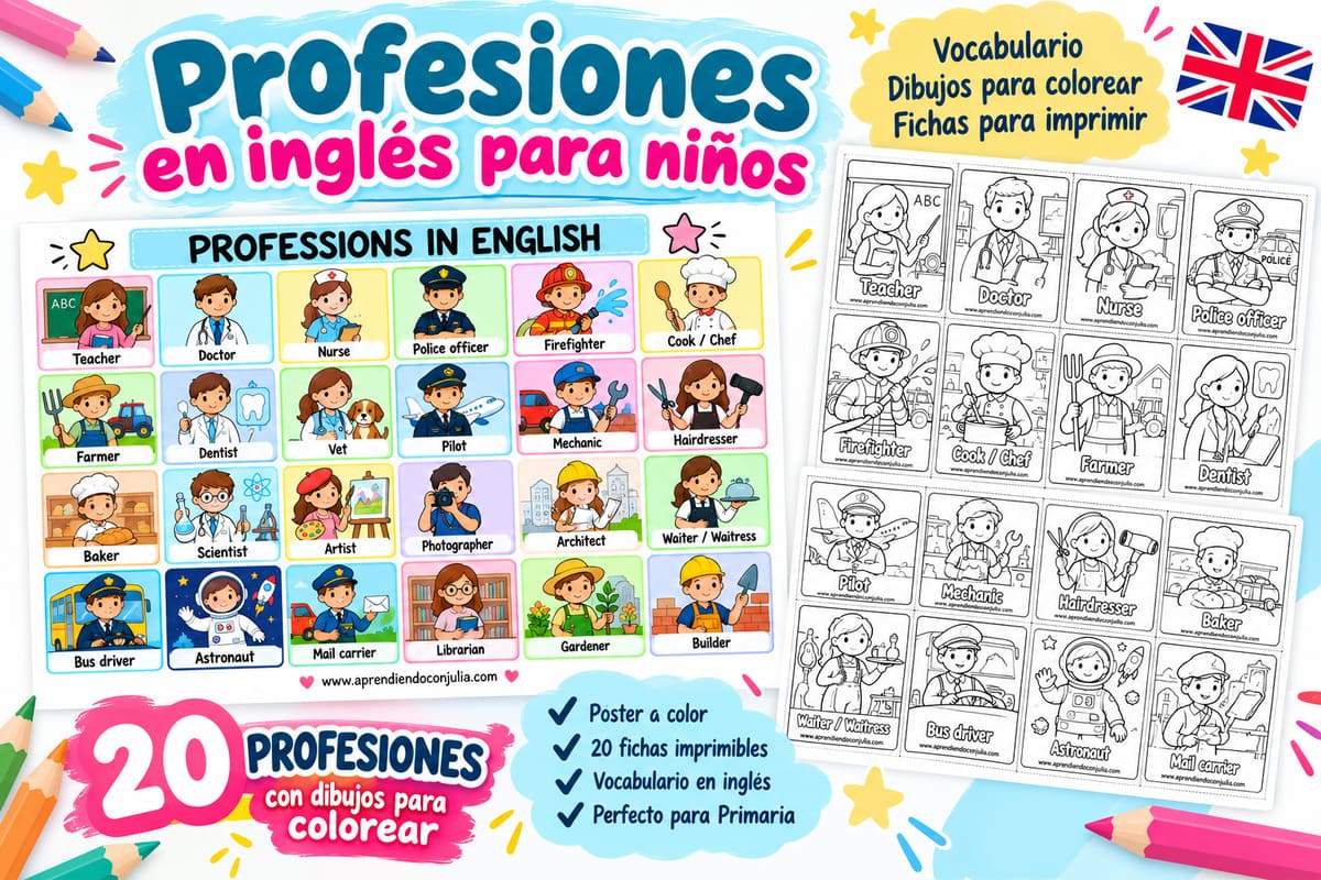20 profesiones en inglés para imprimir y colorear