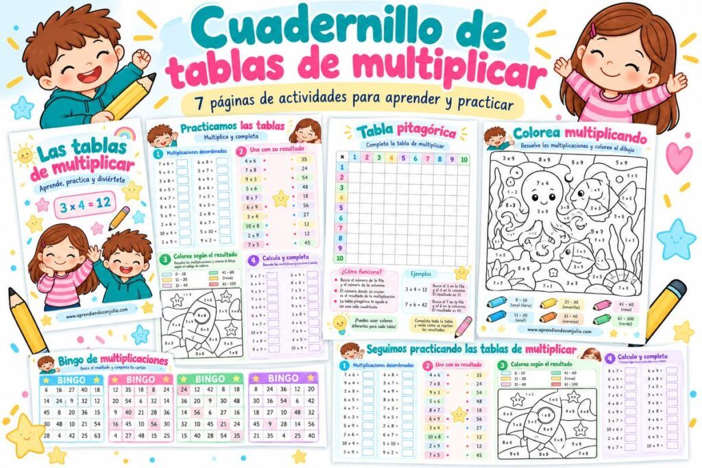 Vista previa del cuadernillo de tablas de multiplicar en PDF con tabla pitagórica, ejercicios, dibujos para colorear y bingo de multiplicaciones.