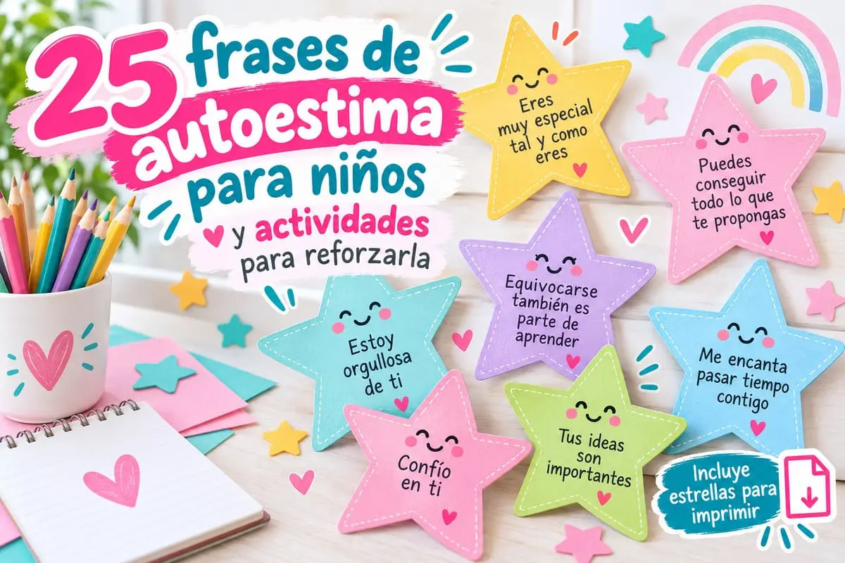 Estrellas con frases de autoestima para niños de Primaria para imprimir gratis.