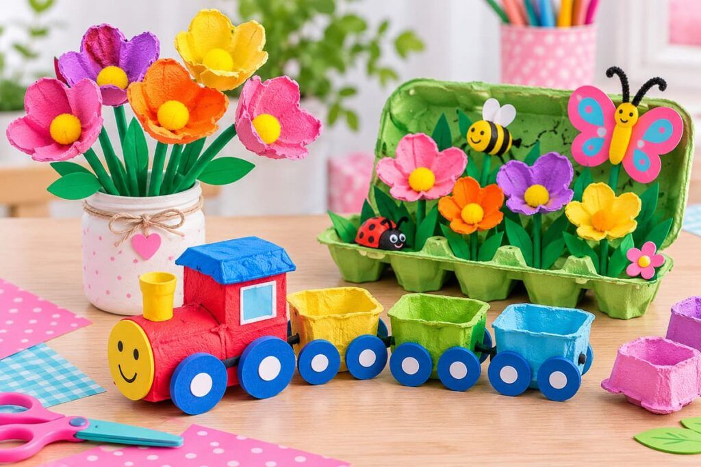 Manualidades coloridas con tren y jardín diy