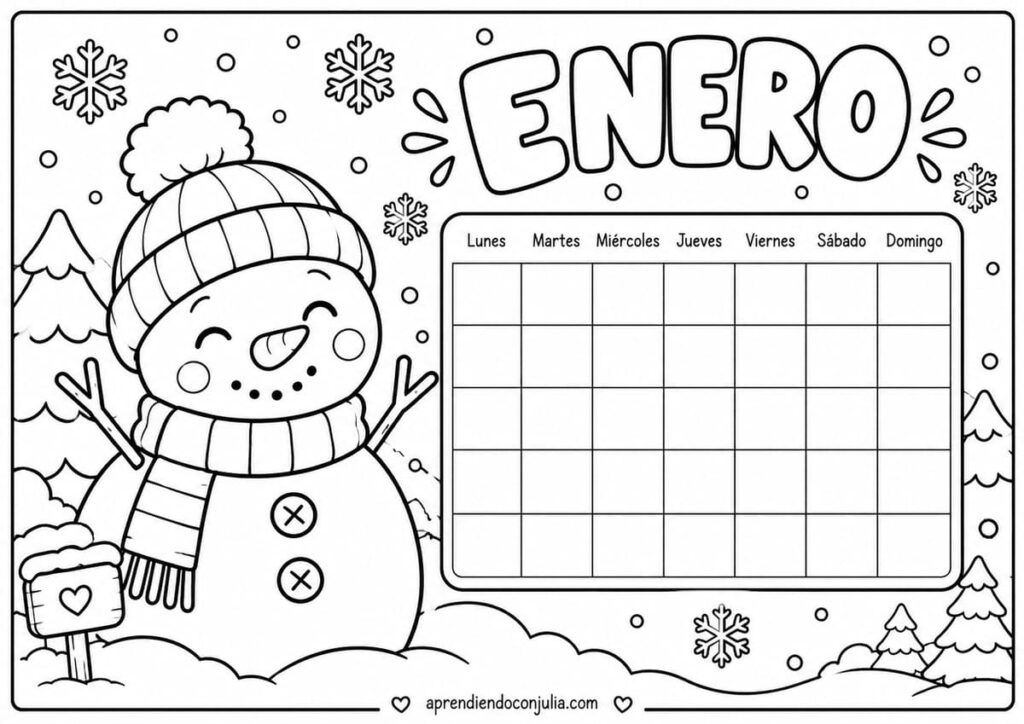 Calendario de Enero Invernal con Muñeco de Nieve