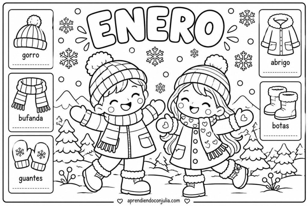 Ficha para colorear de enero invernal