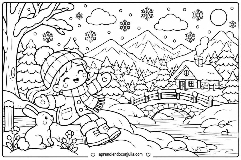 Paisaje invernal con niña, conejo y cabaña