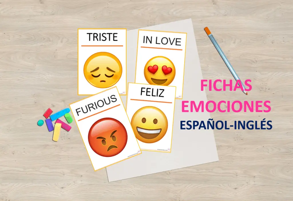 Fichas o tarjetas de emociones para imprimir con emojis. Español e inglés.