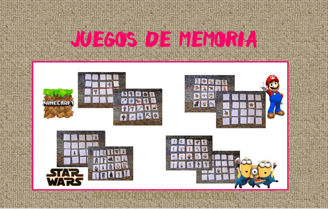Juegos de memoria para imprimir: Mario, Minecraft, Los Minions y Star Wars.