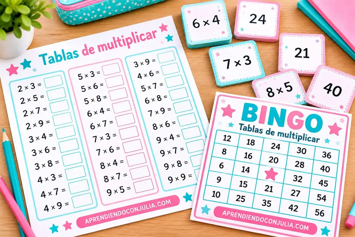 Ejercicios de tablas de multiplicar para Primaria con juegos de memoria y bingo
