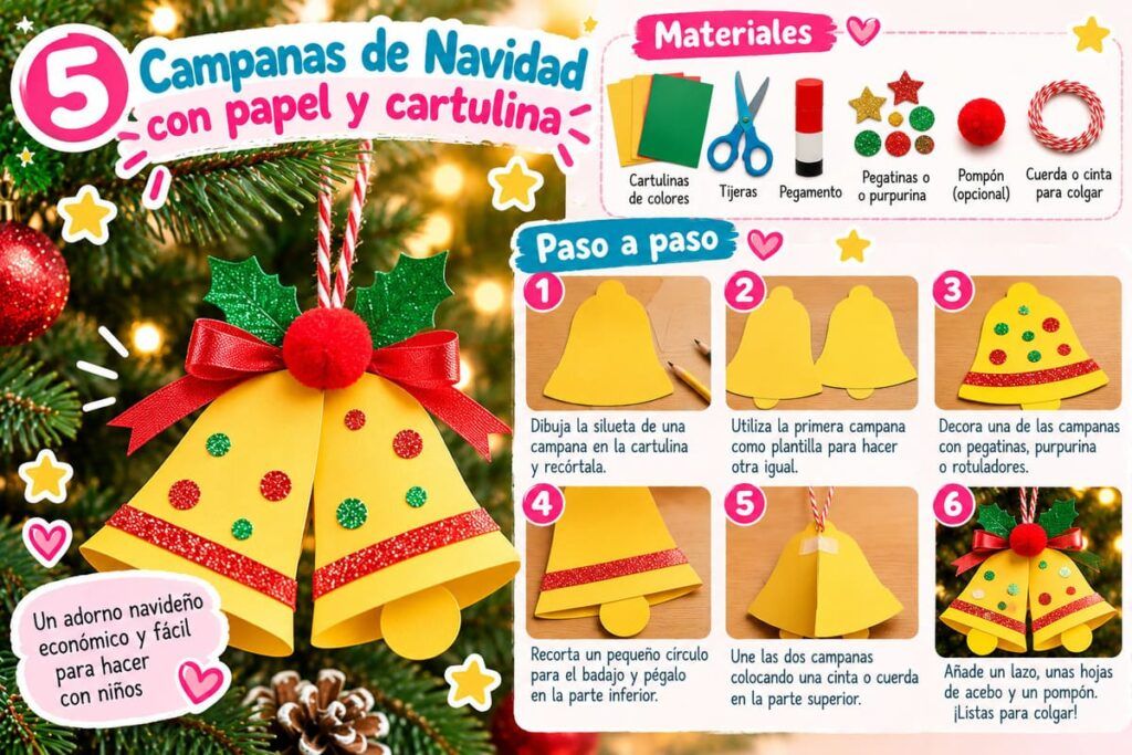 Campanas de Navidad con papel y cartulina