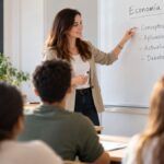 Profesora impartiendo una clase de Economía y Empresa a estudiantes de Bachillerato en un aula, una de las salidas profesionales del Máster de Profesorado.