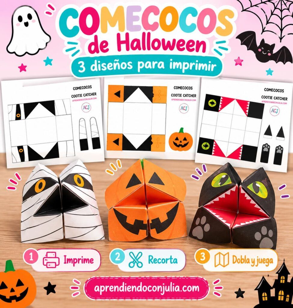 Tres comecocos de Halloween de papel montados, con diseños de momia, calabaza y gato negro, junto a sus plantillas gratuitas para imprimir y recortar.
