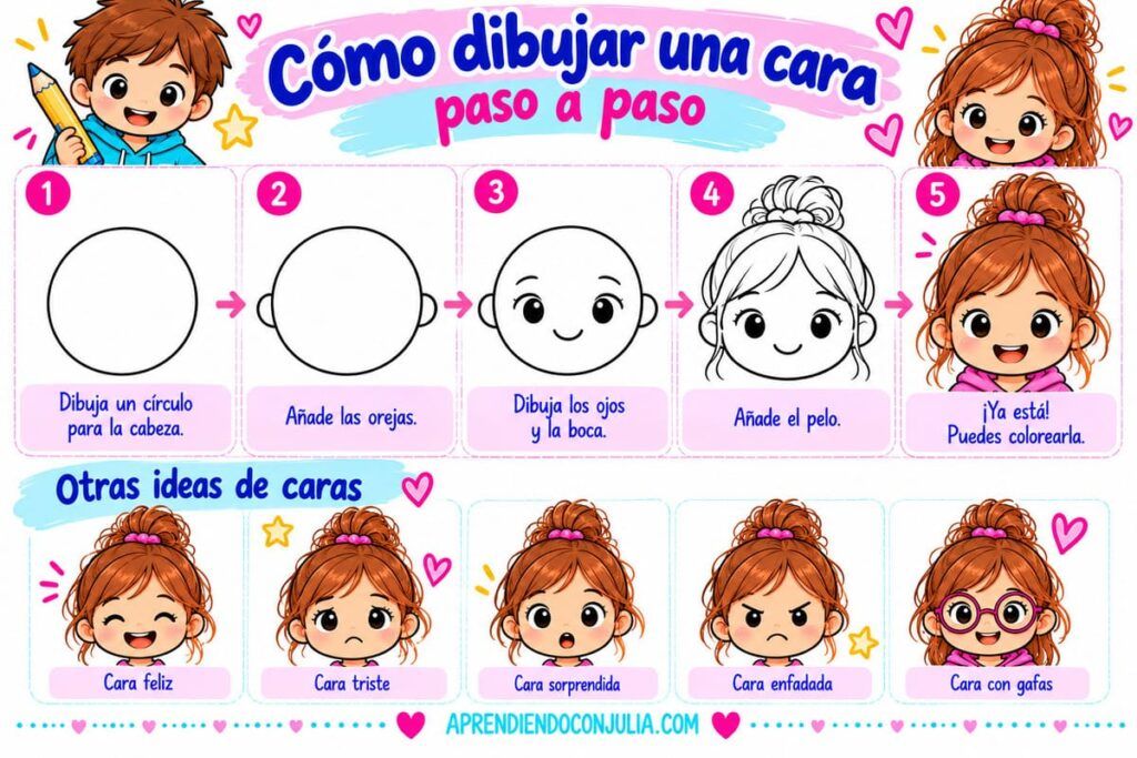 Cómo dibujar una cara de niña paso a paso con ojos, boca y peinado cuando empiezan a dibujar