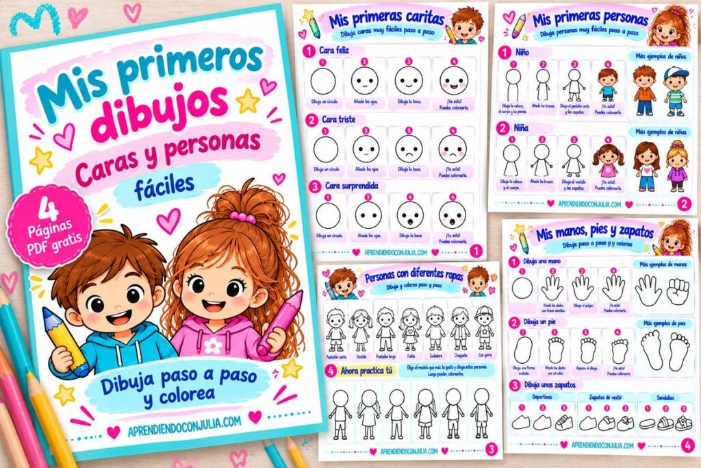 Cuaderno de primeros dibujos para niños con caras, personas, ropa, manos y zapatos fáciles paso a paso.
