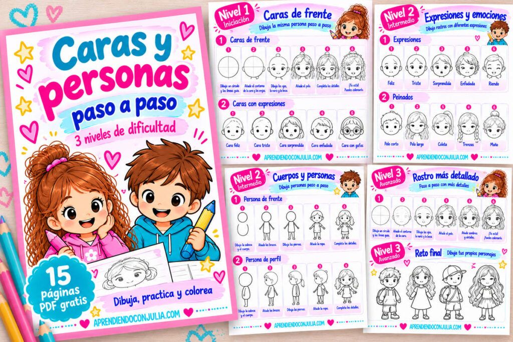 Cuaderno para aprender a dibujar caras y personas paso a paso con tres niveles de dificultad y 15 fichas imprimibles.