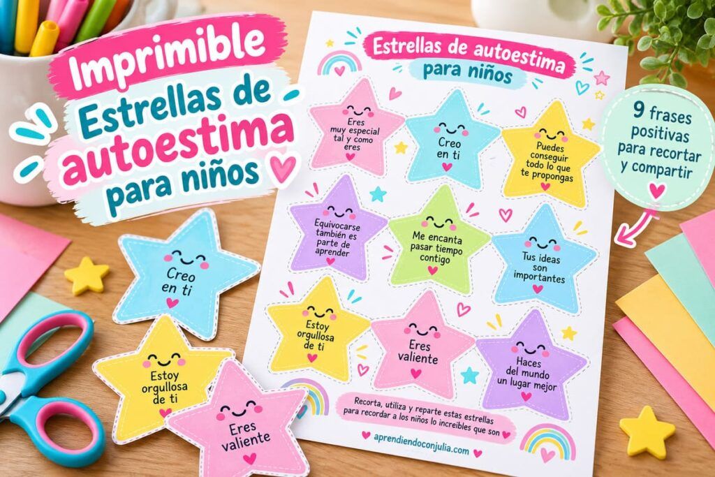 Estrellas con frases de autoestima para niños de Primaria para imprimir gratis.
