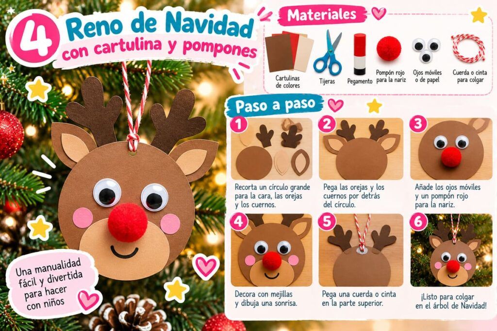 Reno de Navidad con cartulina y pompones