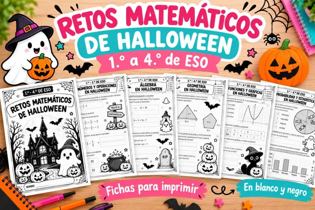 Retos matemáticos de Halloween para 1º a 4º de ESO para imprimir