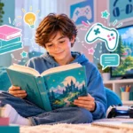 Niño leyendo un libro de aventuras junto a un mando de videojuegos, representando la relación entre los videojuegos y la comprensión lectora infantil.