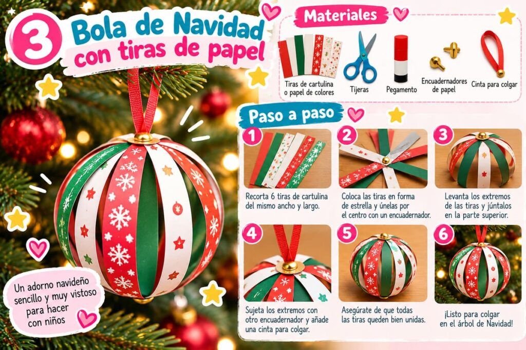 Bolas de Navidad hechas con tiras de papel